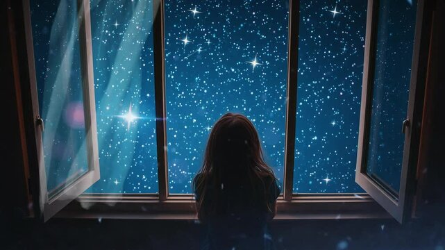 Girl gazing at the nighttime starry night sky from an open window, Smooth looping video with animation 