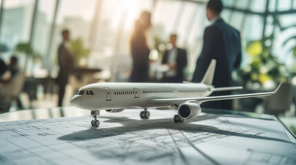 A model airplane rests on blueprints, with a blurred background of businesspeople in a modern office. Focus is on the model and its detailed design.