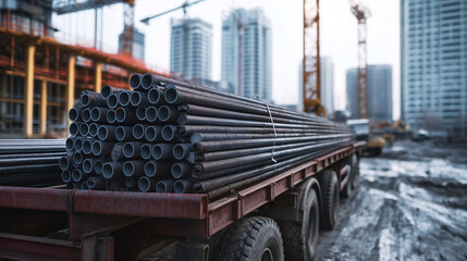 A rusty flatbed truck transports numerous bundled steel pipes at a city construction site. Tall buildings and cranes are blurred in the background, signifying active development.