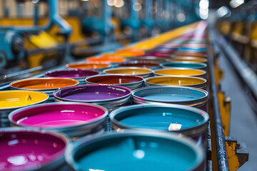 A variety of paint cans in bright colors sit organized on a production line in a factory. The vibrant hues reflect the efficiency of the manufacturing process during the daytime.