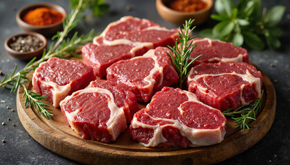 Obraz premium Raw alpaca meat on wooden board with herbs and spices ready for cooking