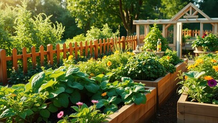 Obraz premium A sunlit garden scene with raised wooden planters filled with thriving plants and flowers, bordered by a wooden fence and a charming greenhouse structure in the background.