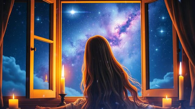 Girl gazing at the nighttime starry night sky from an open window, Smooth looping video with animation 