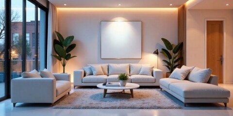 Serene Evening Living Room with Modern Furniture and Ambient Lighting