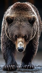 Obraz premium A close-up of a bear approaching, showcasing its powerful build and detailed fur texture.