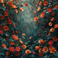 A beautiful painting of a field of flowers with a blue sky in the background