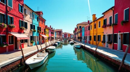 Obraz premium Vibrant Waterfront Houses and Boats on a Sunny Day, Reflecting in Calm Canal Waters