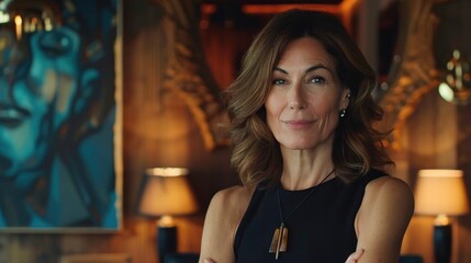 Obraz premium Confident woman with arms crossed, smiling subtly in a luxurious setting.