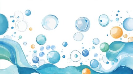 Colorful watercolor bubbles and waves create a vibrant, fresh background design.