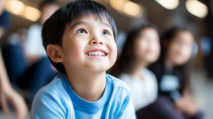 Joyful Young Boy Smiling with Bright Eyes, Capturing a Moment of Pure Happiness, Surrounded by Friends in a Playful Environment of Excitement and Fun