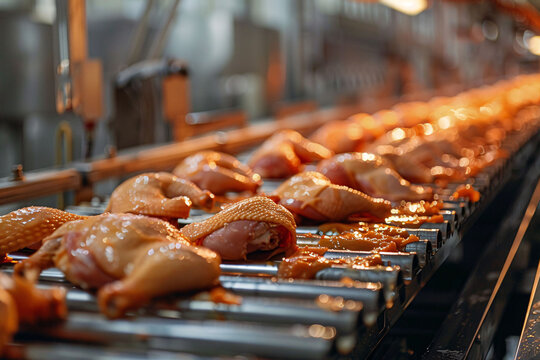 A conveyor belt moves fresh chicken parts in a food processing facility during the late evening. Workers oversee the sorting and packaging of these poultry products carefully.
