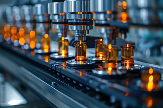 Amber glass vials are moving along a high-tech assembly line in a pharmaceutical factory during dusk. The equipment efficiently processes the vials, reflecting an advanced production environment.