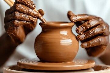 African adult shaping clay pot on pottery wheel with mud-covered hands