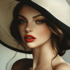 Elegant Woman Portrait, WideBrimmed Hat, Red Lips, Brown Hair, Artistic, Digital Painting, Stylish, 