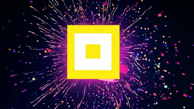 A yellow square with a white border is surrounded by a lot of colorful squares. The squares are in different sizes and colors