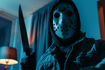 Dark and Sinister Depiction of a Hooded Figure Wielding a Knife in an Ominous Setting Generative AI