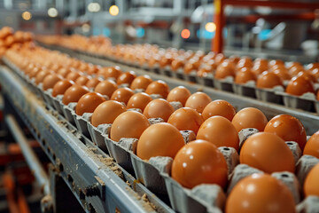 A large number of brown eggs are being sorted on a conveyor belt, carefully placed into cartons at a bustling production facility. Workers oversee the process to ensure quality.