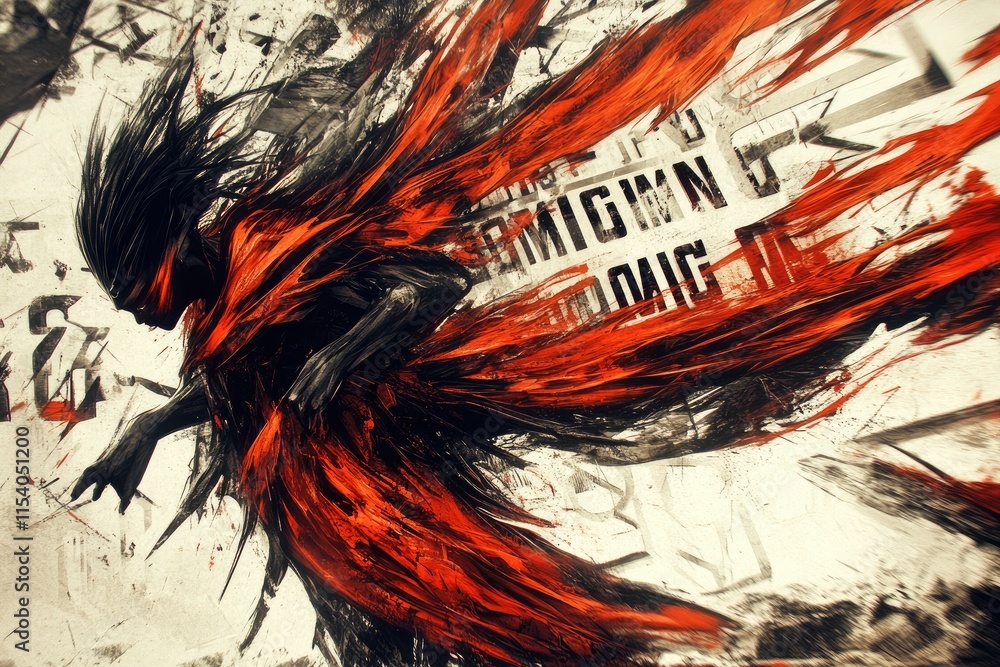 Aufkleber abstract artwork featuring a dynamic figure with flowing red and black elements.