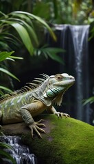 Obraz premium A stunning iguana resting on a mossy branch in a lush rainforest, with a serene waterfall in the background, highlighting its intricate scales and vibrant green tones