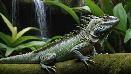 Fototapeta premium A majestic iguana basking in the tropical jungle, with a tranquil waterfall and vibrant greenery creating a perfect natural backdrop for this colorful reptile.