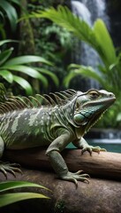 Obraz premium Close-up of a tropical iguana perched on a mossy log, surrounded by verdant leaves and a cascading waterfall, embodying the essence of exotic wildlife