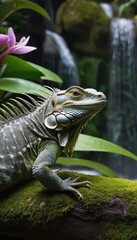 Fototapeta premium A majestic iguana basking in the tropical jungle, with a tranquil waterfall and vibrant greenery creating a perfect natural backdrop for this colorful reptile.