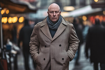 Fototapeta premium Bald man wearing a tailored trench coat and scarf, walking briskly through a bustling urban square.