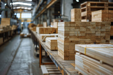 Obraz premium In a busy workshop, neatly stacked wooden planks and pallets are organized along large work tables, illuminated by natural light streaming through the windows above.