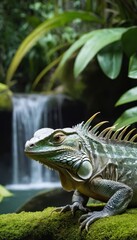 Fototapeta premium A stunning iguana resting on a mossy branch in a lush rainforest, with a serene waterfall in the background, highlighting its intricate scales and vibrant green tones