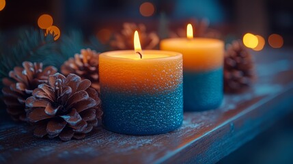 Elegant candles with pinecones and warm bokeh lights