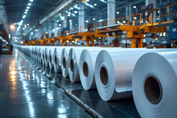 Large rolls of white paper are lined up in an industrial facility, showcasing an organized workspace filled with machinery and overhead cranes actively engaged in production.