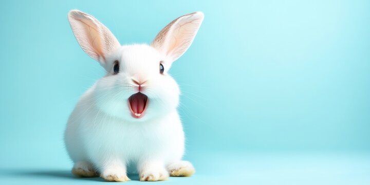 A fluffy white rabbit with large floppy ears radiates joy against a calming blue background, embodying the enchanting spirit of Easter and the essence of spring with its vibrant nature