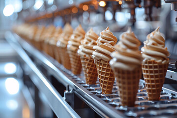 Obraz premium A production line is filled with perfectly swirled soft serve ice cream cones ready for packaging. The bright factory environment highlights the efficient process of dessert creation.