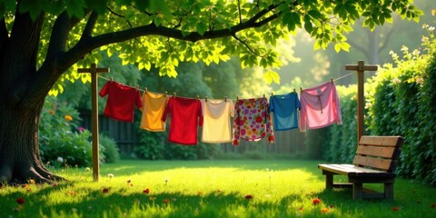 Obraz premium Sunlight illuminates colorful shirts drying on a clothesline beneath a leafy tree in a tranquil garden setting, with a wooden bench nearby
