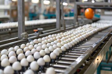White eggs are meticulously sorted on a conveyor belt within a processing facility, showcasing an efficient assembly line producing fresh food products for distribution.