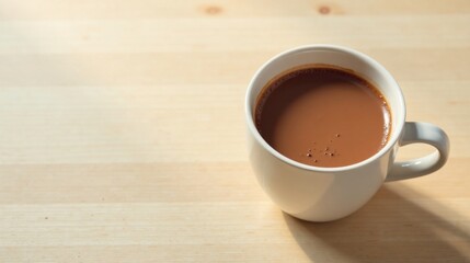 Obraz premium A warm beverage in a white mug rests on a light wooden surface, illuminated by sunlight.