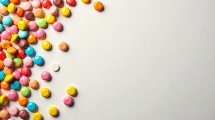 Obraz premium A vibrant collection of colorful candy buttons scattered across a clean, white surface, leaving ample space for text or design elements.