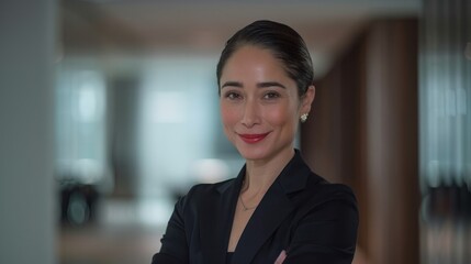 Fototapeta premium Confident businesswoman smiling in modern office. (2)