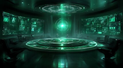 Futuristic control room with holographic display.