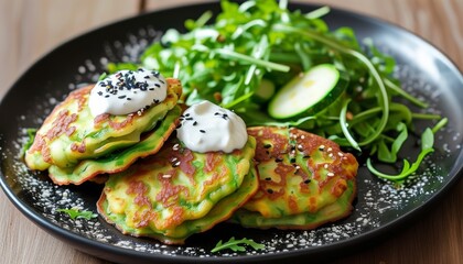 Delicious Zucchini and Feta Fritters with Fresh Greens on Elegant Black Plate