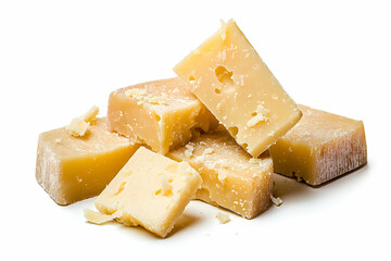 Assorted Pieces of Natural Artisan Cheese on White Background Showcasing Unique Texture and Color Variations