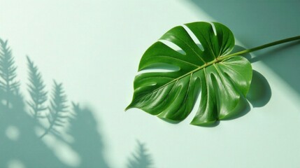 Fototapeta premium Serene Tropical Leaf with Gentle Shadow Play on Soft Green Background