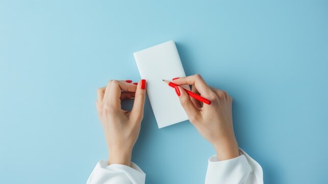 Woman's hands writing on a white blank card.