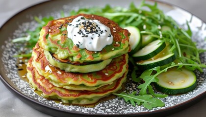 Delicious Zucchini Feta Fritters Served with Fresh Salad on Elegant Plate