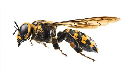 Detailed Close-up of a Striking Yellow-and-Black Wasp in Flight