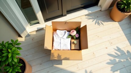 Sunlight illuminates a neatly packaged shirt and gift, delivered in a cardboard box on a light-colored wooden porch