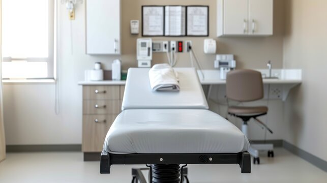Clean, modern medical examination room with an empty patient table in the center.