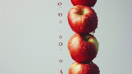 Three red apples stacked vertically, dripping with water against a light grey background.