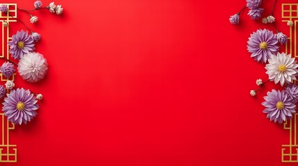 Vibrant red background adorned with purple and white flowers, complemented by golden geometric patterns. Ideal for Chinese New Year, festive celebrations, or wedding invitations.