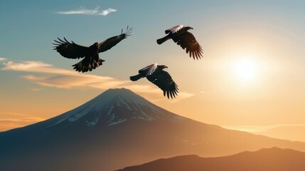 Fototapeta premium Three birds flying over majestic mountain at sunrise.